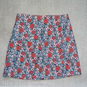 70s Style Preppy Blue Red Pink Floral A Line Mini Skirt Slit Sz S NWOT